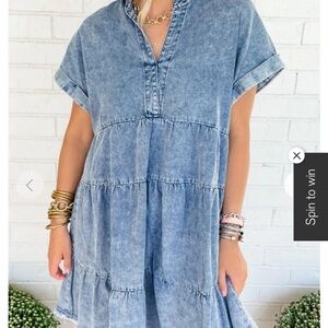 Umgee NWT Small V Neck Tiered Denim Dress - Vintage-inspired A-Line Casual Mini